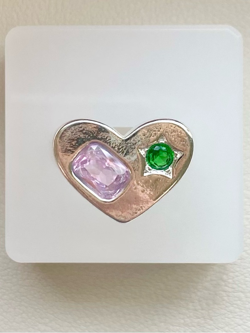 Silver Heart ring with Pink and Green Gemstones